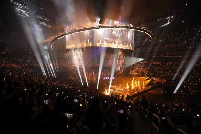 SAN FRANCISCO, CALIFORNIA - NOVEMBER 05: Rapper Lil Nas X performs at the League of Legends World Championship Finals on November 05, 2022 in San Francisco, California. One of the largest esports events of the year.